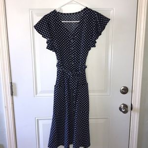 Blue mid length polkadot dress